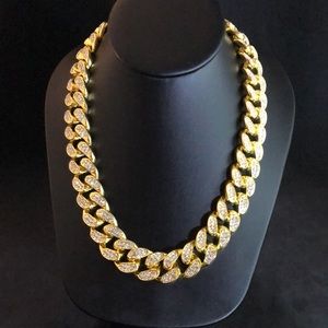 Gold Iced Bling Crystal Cuban Link Chain Necklace Men’s Unisex 18mm Wide 20”